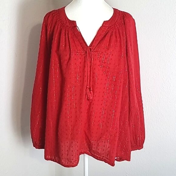 Old Navy Red Tie-Neck Clip-dot Top with Gold Glitter Lines, Size XXL - Picture 1 of 10